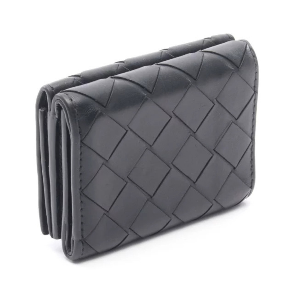 Bottega Veneta Leather Intrecciato fold Black Tri Wallet Black